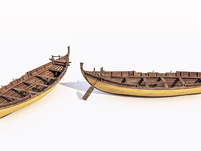 Traditional Wooden Boats With Open Hull Structures Yellow Sections And A Paddle 3d model