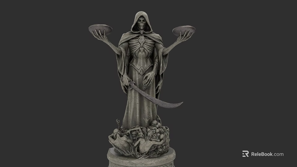 Game Movie Character Skeleton Cloaked Figure Holding Bowls With Scythe On Detailed Base 3d model 