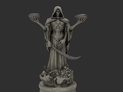 Game Movie Character Skeleton Cloaked Figure Holding Bowls With Scythe On Detailed Base 3d model