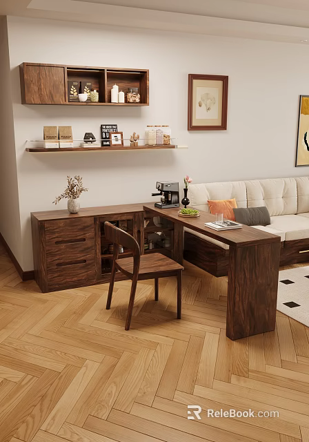 Modern Walnut Dining Table Set With Chair Shelf Coffee Maker And Decorative Plant 3d model 