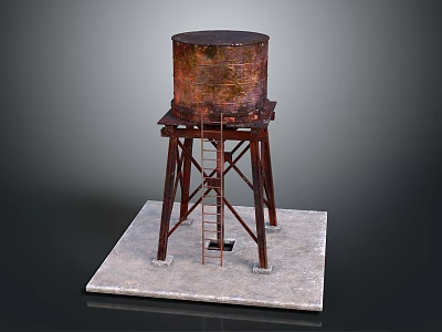 Rusted Water Tower Model With Metal Frame Ladder And Concrete Base 3d model