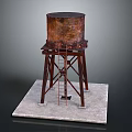 Rusted Water Tower Model With Metal Frame Ladder And Concrete Base