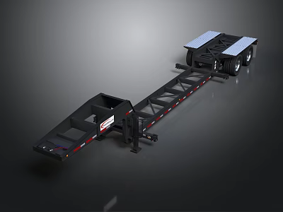 Black Heavy Duty Flatbed Trailer With Long Metal Frame Wheels And Reflective Strips 3d model