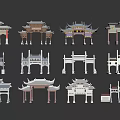 Traditional Chinese Memorial Archways With Various Carved Designs And Classic Roof Structures