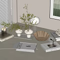 Minimalist Decorative Ornament Set With Green Plants Vases And Books On Tabletop