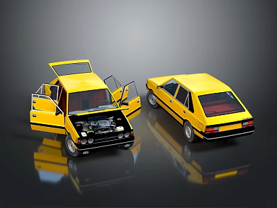 Yellow Car with Open Doors and Hood and Another Side Rear View with Reflection 3d model