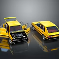 Yellow Car with Open Doors and Hood and Another Side Rear View with Reflection