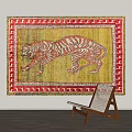 Oriental Square Rug With Tiger Pattern And Red Geometric Border On Yellow Background 3d model