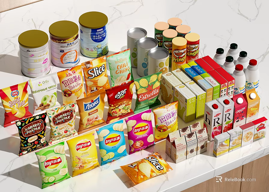 Variety Of Packaged Foods On Display Including Chips Canned Goods And Beverages 3d model 