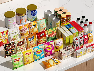 Variety Of Packaged Foods On Display Including Chips Canned Goods And Beverages 3d model