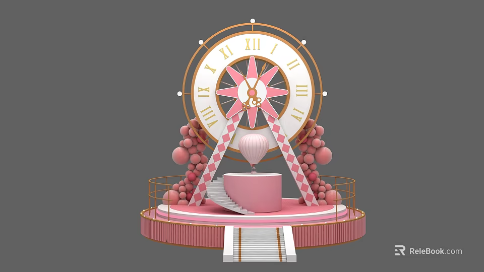 Ornate Pink Gold Large Clock Display With Balloon Decorations And Stairs Platform 3d model 