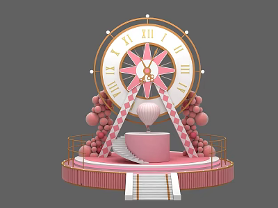 Ornate Pink Gold Large Clock Display With Balloon Decorations And Stairs Platform 3d model