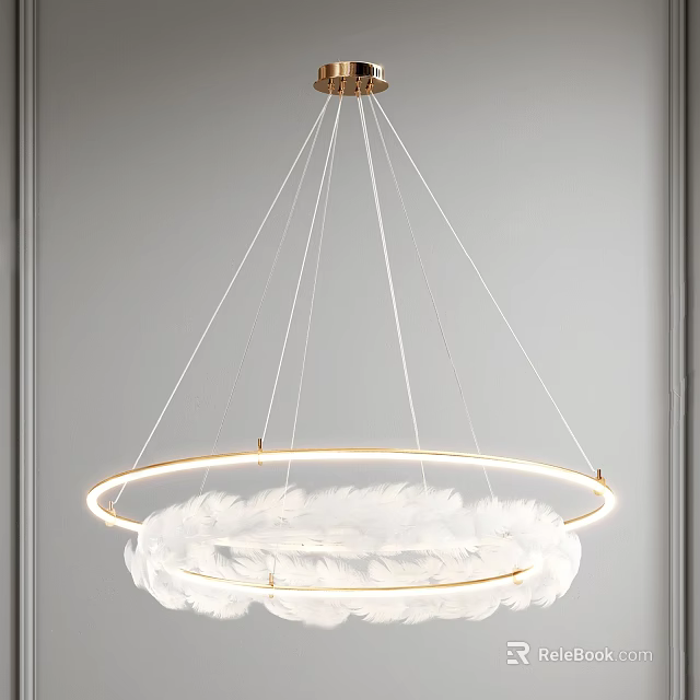 Modern White Feather Chandelier With Gold Ring Hanging Decorative Lighting Design 3d model 