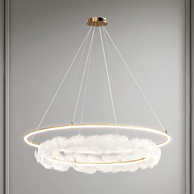 Modern White Feather Chandelier With Gold Ring Hanging Decorative Lighting Design 3d model