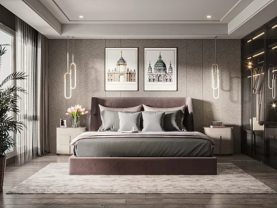 Modern Bedroom Interior With Bed Gray Black Pillows Dome Paintings Ring Pendant Lights And Rug 3d model