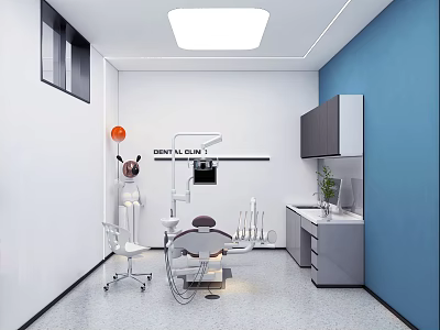 Modern Dental Clinic Interior With Dental Unit Chair Equipment White And Blue Walls 3d model
