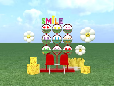 Vibrant Photo Spot With SMILE Sign Smiley Faces White Flowers Red Chairs And Green Grass 3d model