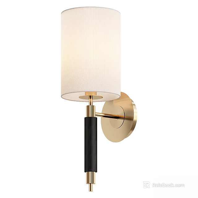 Modern Wall Lamp With White Fabric Shade Gold Bracket And Black Post 3d model 