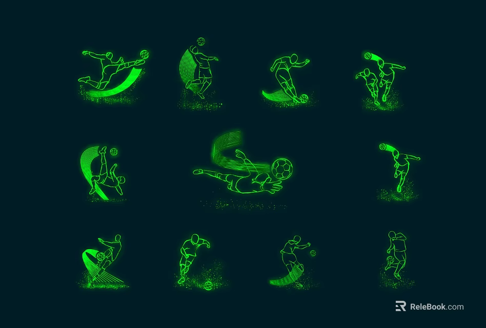 Green Human Silhouette Decorative Lights With Various Action Poses On Dark Background 3d model 