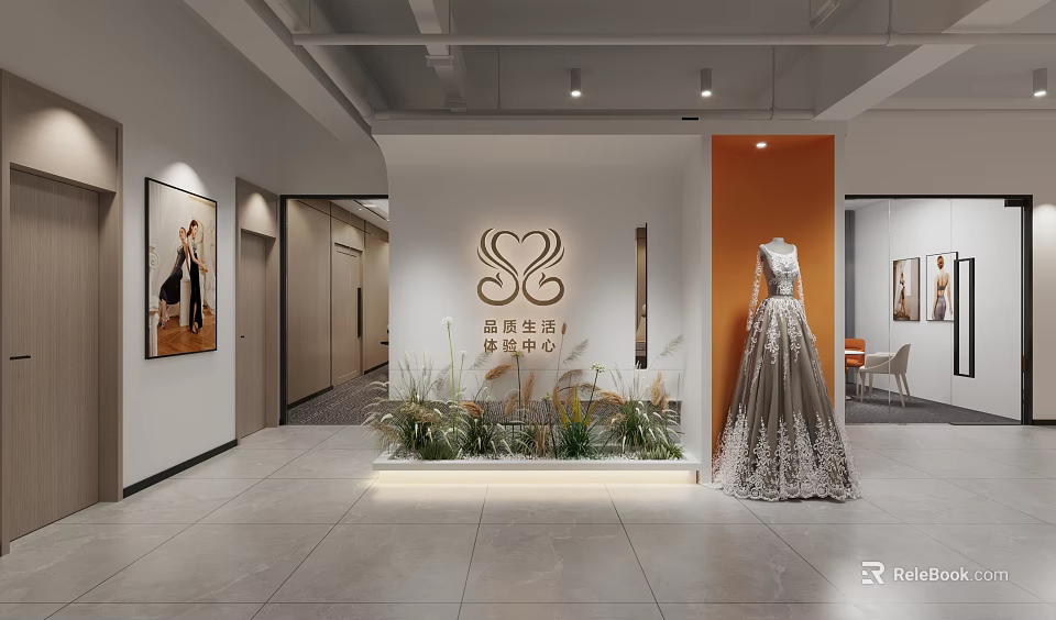 Modern Reception Desk with RENOIR Logo Elegant Gown Mannequin and Green Plants 3d model 
