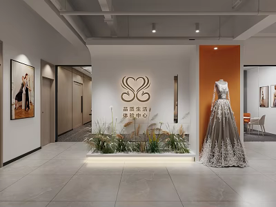 Modern Reception Desk with RENOIR Logo Elegant Gown Mannequin and Green Plants 3d model