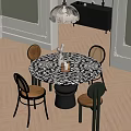 Round Dining Table Set With Marble Top Rattan Chairs And Wooden Herringbone Floor