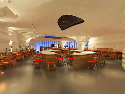 Modern Restaurant Interior With Unique Wave-like Ceiling Red Chairs Bar Counter And Windows 3d model