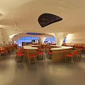 Modern Restaurant Interior With Unique Wave-like Ceiling Red Chairs Bar Counter And Windows