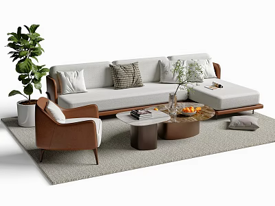 Modern Sofa and Coffee Table Set With Brown Accent Chair Green Plant and Gray Rug 3d model