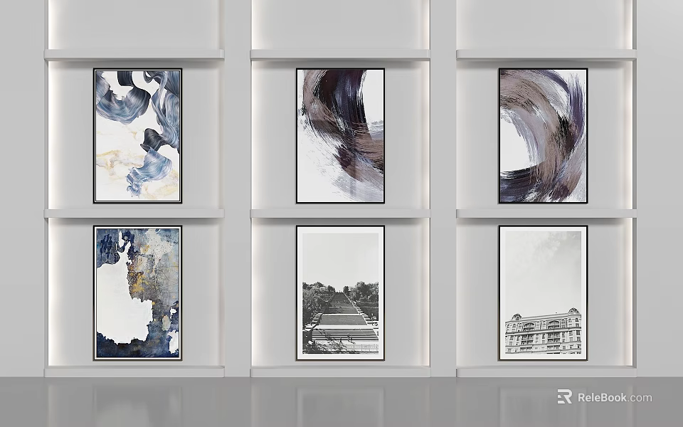 Six Modern Abstract Paintings Displayed on White Walls with Fluid Brush Textures and Artistic Patterns 3d model 