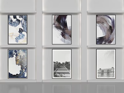 Six Modern Abstract Paintings Displayed on White Walls with Fluid Brush Textures and Artistic Patterns 3d model