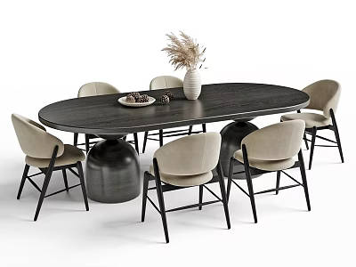 Modern Dining Table Set With Black Oval Top Beige Chairs And Dried Grass Vase Decor 3d model