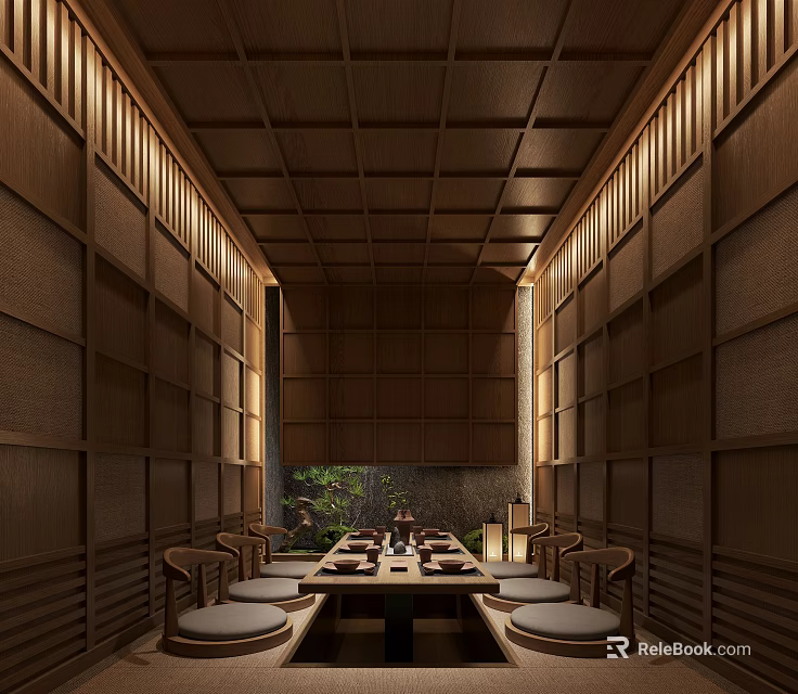 Traditional Japanese Private Dining Room With Wooden Ceiling Bamboo Screens And Long Table 3d model 