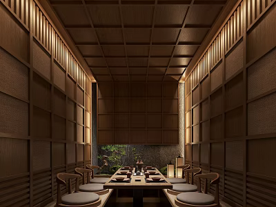 Traditional Japanese Private Dining Room With Wooden Ceiling Bamboo Screens And Long Table 3d model