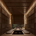 Traditional Japanese Private Dining Room With Wooden Ceiling Bamboo Screens And Long Table