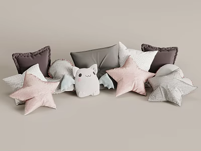 Cute Soft Plush Pillows with Star Shaped and Animal Designs in Pink Gray White Colors 3d model