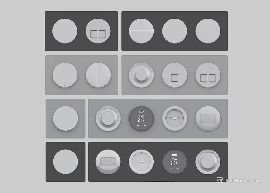 Modern Switch Panels With Round And Square Buttons In Dark Grey Design 3d model 