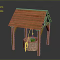 Wooden Well Structure With Sloped Roof Stone Wellhead And Bucket Pulley
