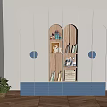 Modern White and Blue Wardrobe with Round Blue Accents Open Shelves and Decorative Items