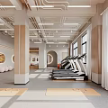 Modern Fitness Studio Interior With Treadmills Yoga Mats Windows And Palm Trees