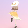 Woman In Yellow Bikini Top And Floral Skirt With White Sun Hat On Orange Background
