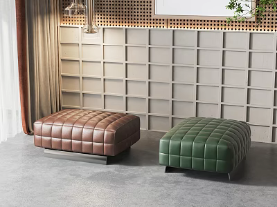 Modern Sofa Stools Brown and Green Leather Tufted Design in Contemporary Interior with Grid Wall 3d model