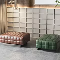 Modern Sofa Stools Brown and Green Leather Tufted Design in Contemporary Interior with Grid Wall