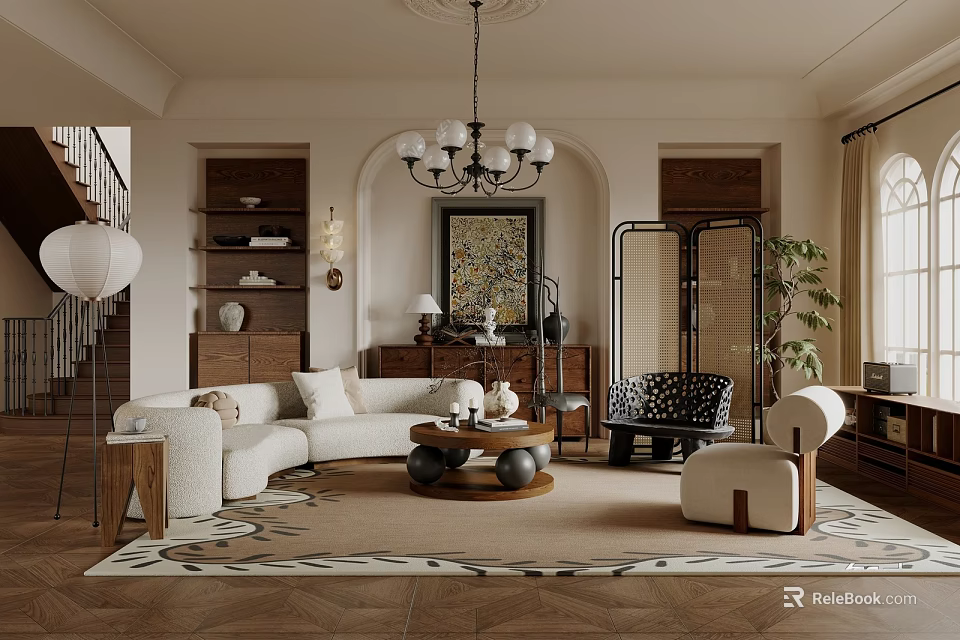 Elegant Living Dining Room Interior With Beige Sofa Wooden Coffee Table And Chandelier 3d model 