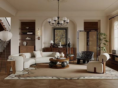 Elegant Living Dining Room Interior With Beige Sofa Wooden Coffee Table And Chandelier 3d model