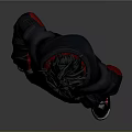 Man In Black Hoodie With White Graphic Black Cargo Pants Red Knee Pads Gray Sneakers