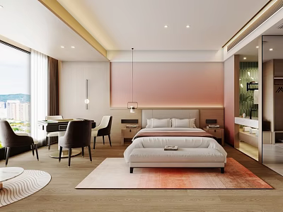 Modern Hotel Room Interior Design with Large Window Bedside Table Decorative Wall Rug and Chairs 3d model