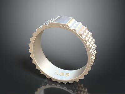 Modern Stylish Fashion Ring With Geometric Top Textured Zigzag Edge Band And Engraved LRG Initials 3d model