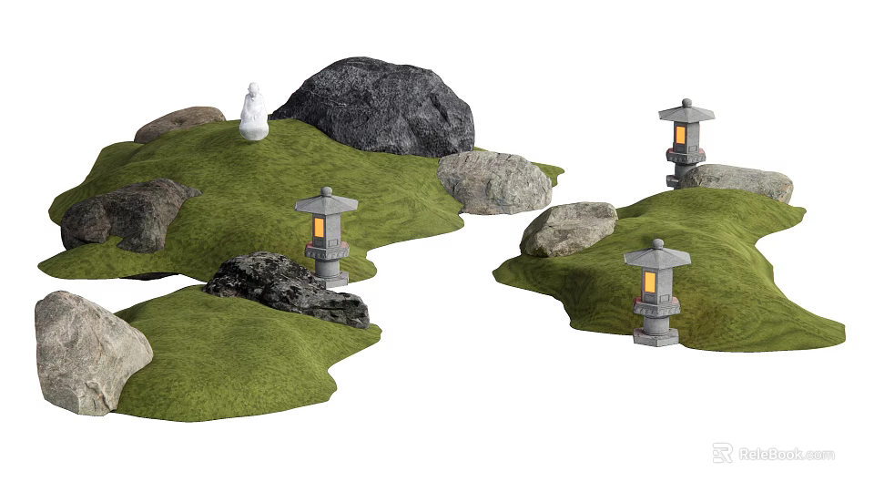 Garden Ornaments With Green Grass Various Rocks White Statue And Stone Lanterns With Warm Light 3d model 