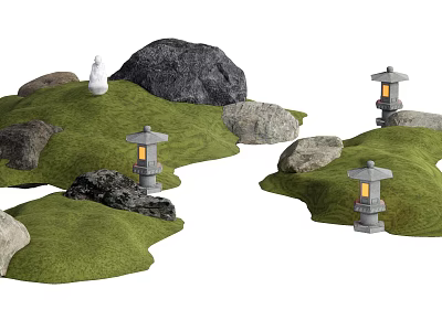 Garden Ornaments With Green Grass Various Rocks White Statue And Stone Lanterns With Warm Light 3d model